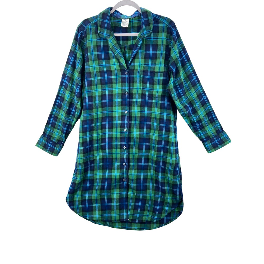 Lands' End Flannel Nightshirt Women XL Green Blue Plaid Button Front Pajama Gown